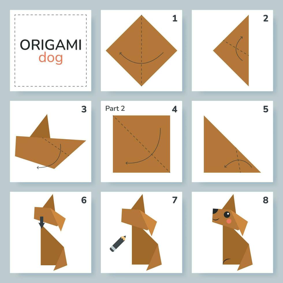 Hund Origami planen Lernprogramm ziehen um Modell. Origami zum Kinder. Schritt durch Schritt Wie zu machen ein süß Origami Welpe. Vektor Illustration.