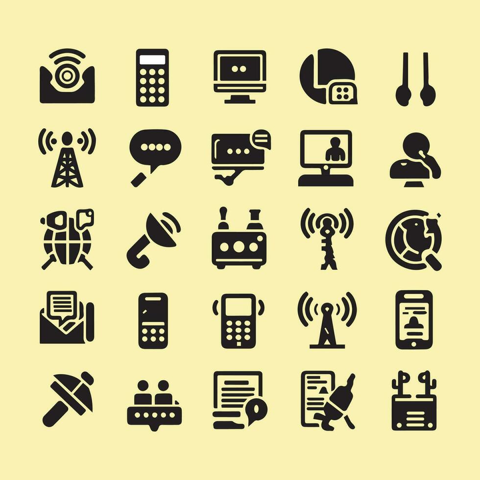 Symbol einstellen zum Kommunikation. einschließlich sprechen, Nachricht, Telefon, Email, Kontakt, Plaudern, Internet, Radio, Satellit, Antenne, und mehr. Sammlung von solide Symbole, Vektor