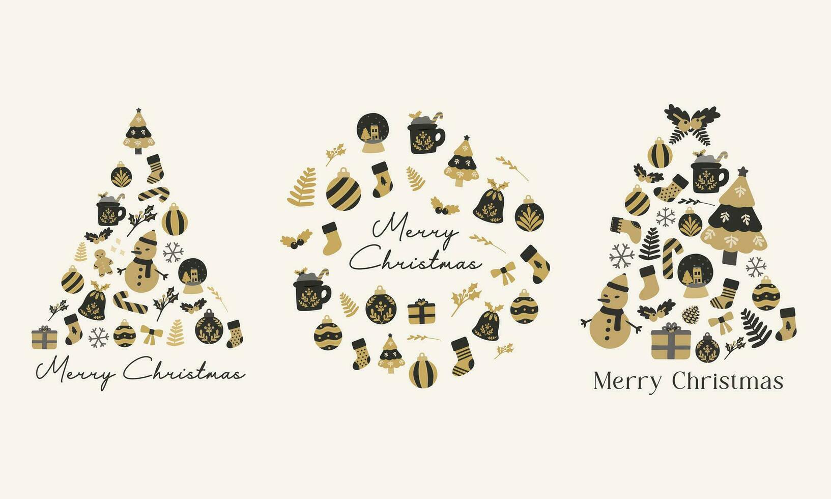 jul träd collage av jul element samling. svart och guld hand dragen vektor platt illustration. för vinter- affisch, kort, scrapbooking, inbjudan, social media, posta, grafik