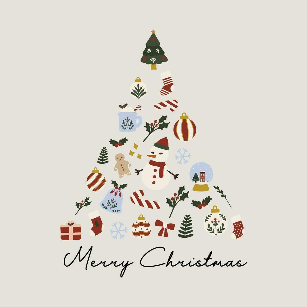 jul träd collage av jul element. färgrik hand dragen vektor platt illustration. för vinter- affisch, kort, scrapbooking, inbjudan, social media, posta, grafik