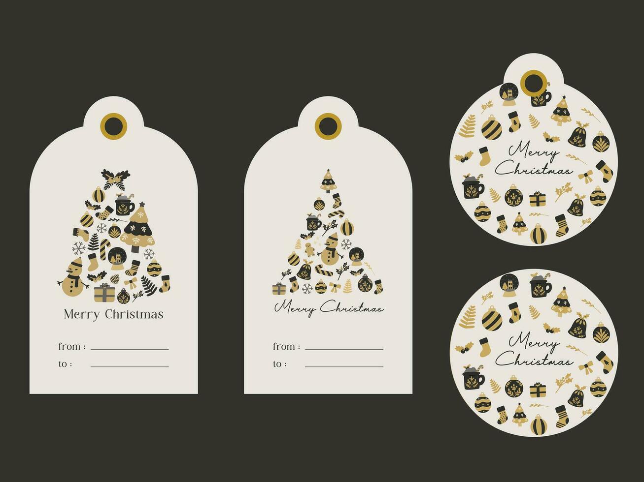 Weihnachten Geschenk Etikett Karten. Hand gezeichnet Design Elemente. klassisch schwarz und Gold Hand gezeichnet Vektor eben Illustration. zum Geschenk Stichworte, Karte, Scrapbooking, Einladung, Sozial Medien, Post, druckt