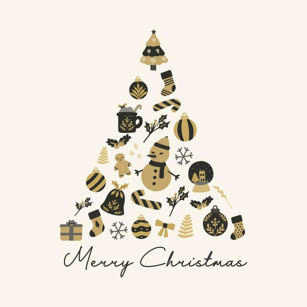 jul träd collage av jul element. svart och guld hand dragen vektor platt illustration. för vinter- affisch, kort, scrapbooking, inbjudan, social media, posta, grafik