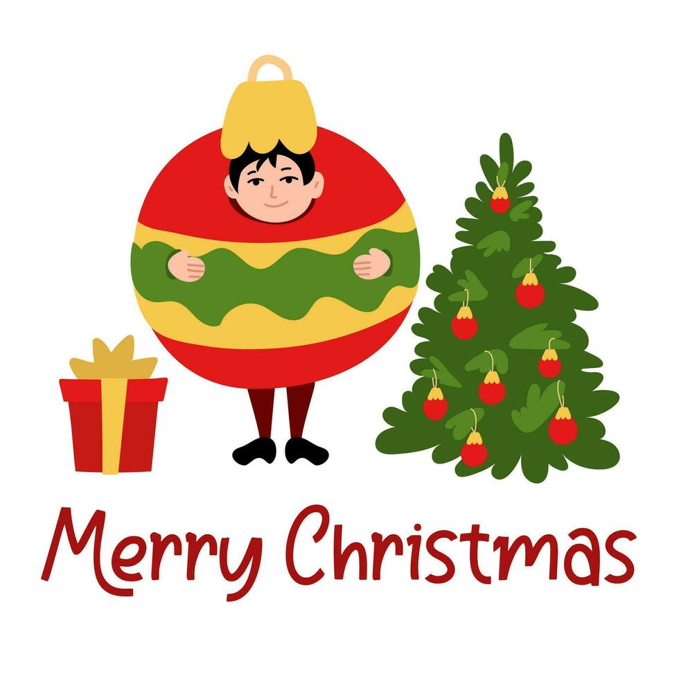jul hälsning kort. en pojke klädd som en runda jul träd leksak. dekorerad jul träd med en gåva och en jul träd leksak. jul uppsättning på en vit bakgrund. familj hälsning kort vektor