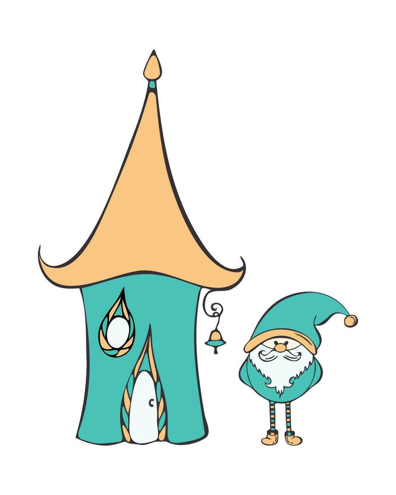 saga fantasi gnome och hus, hand dragen klotter skiss. isolerat, vit bakgrund. barns design element. vektor