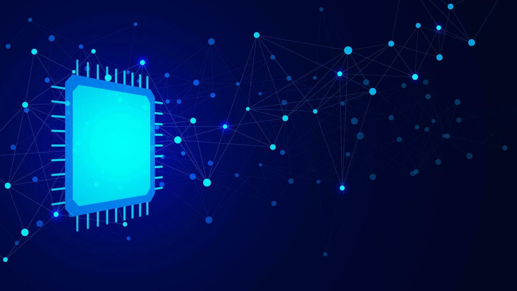 dator chip eller cpu chipset med ansluter prickar och rader. stor data visualisering. nätverk förbindelse, global kommunikation och digital teknologi begrepp bakgrund. vektor illustration.