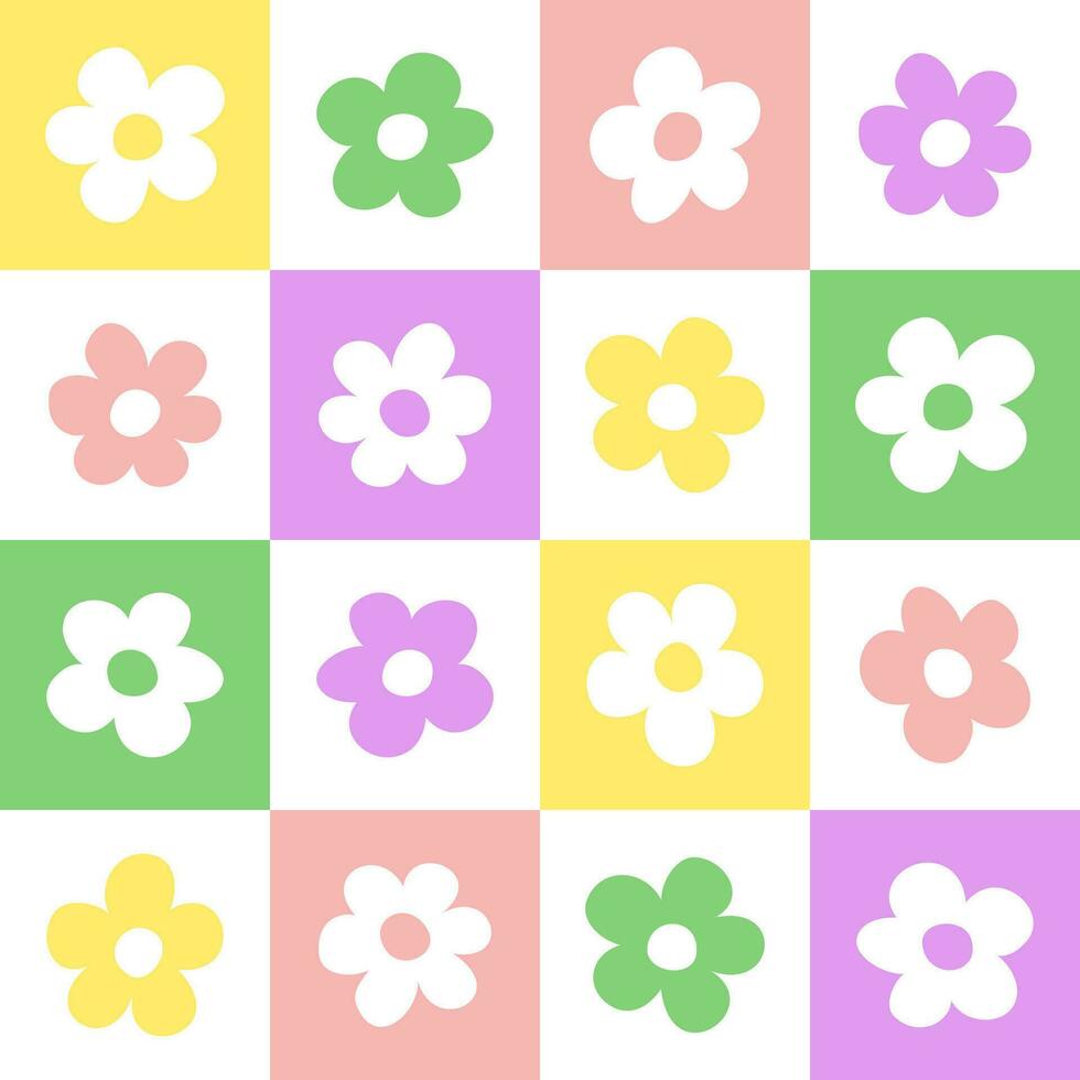 y2k daisy rutnät sömlös mönster. färgrik trendig checker styrelse med blommor fyrkant. pastell årgång bakgrund för textil, omslag. vektor illustration.