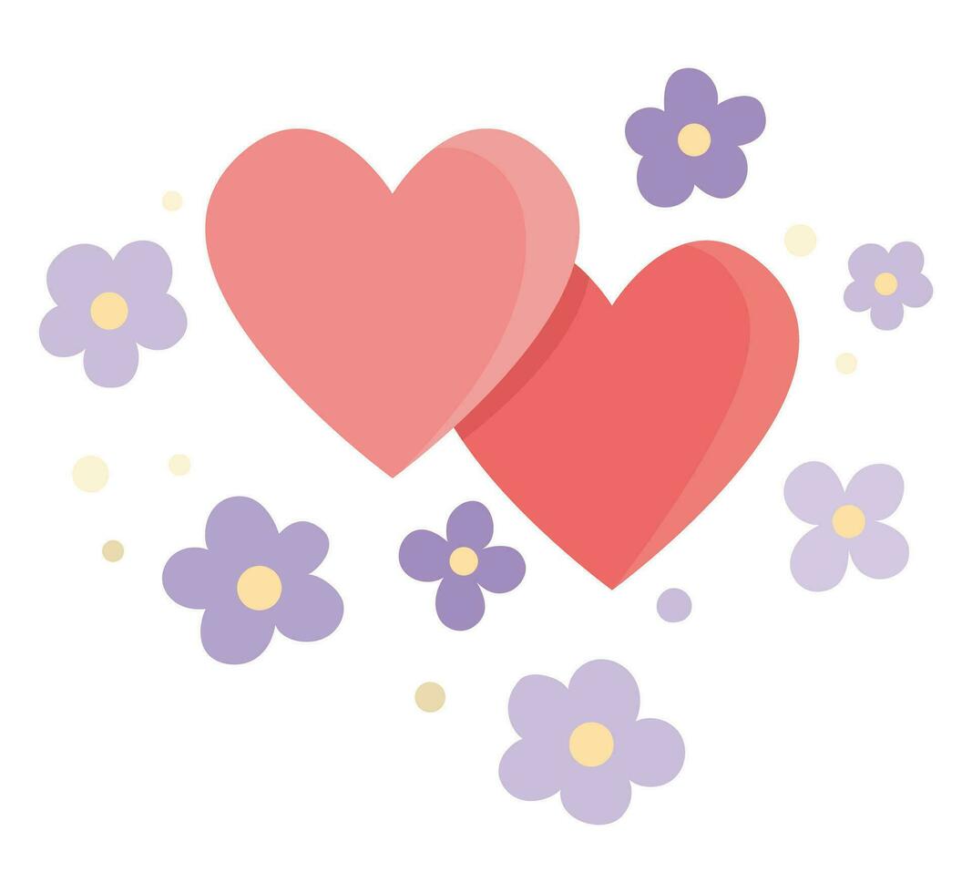 vektor abstrakt illustration med röd hjärtan och lila blommor. söt bröllop, äktenskap eller kärlek symbol ClipArt element för brud och brudgum. tecknad serie helgon valentine bakgrund