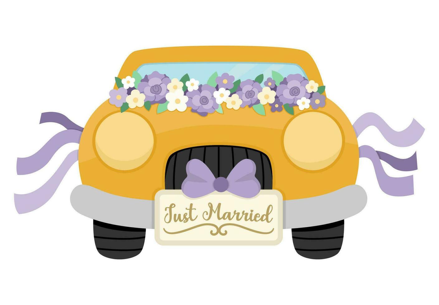 Vektor Hochzeit Gelb Auto dekoriert mit lila Blumen und Bänder. Flitterwochen Automobil mit gerade verheiratet Platte. süß Ehe Clip Art. Braut und Bräutigam Transport. komisch Zeremonie Illustration