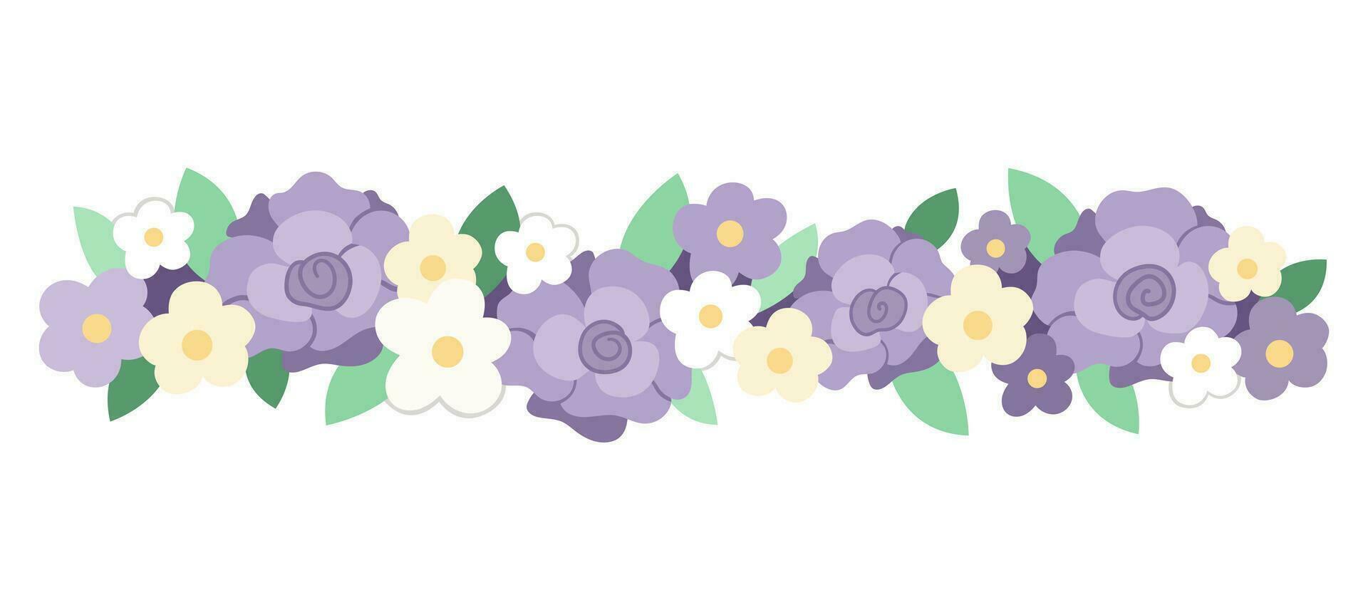 Vektor Blumen- horizontal dekorativ Element. eben Illustration mit Rose Blumen, Blätter, Geäst. schön Frühling, Sommer- oder Hochzeit Strauß isoliert auf Weiß Hintergrund