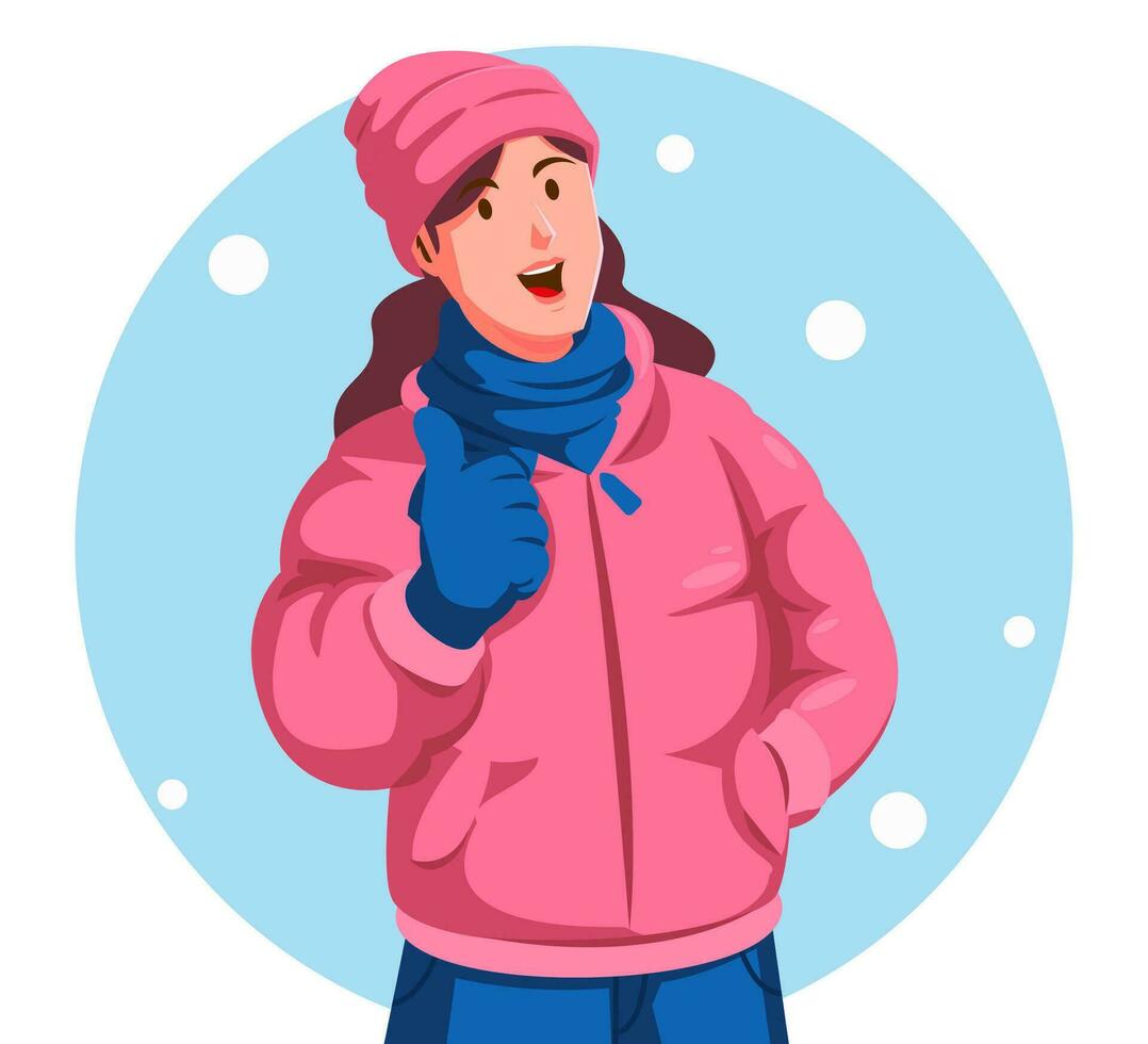 Illustration von ein Mädchen tragen Winter Kleider zeigen Daumen oben vektor