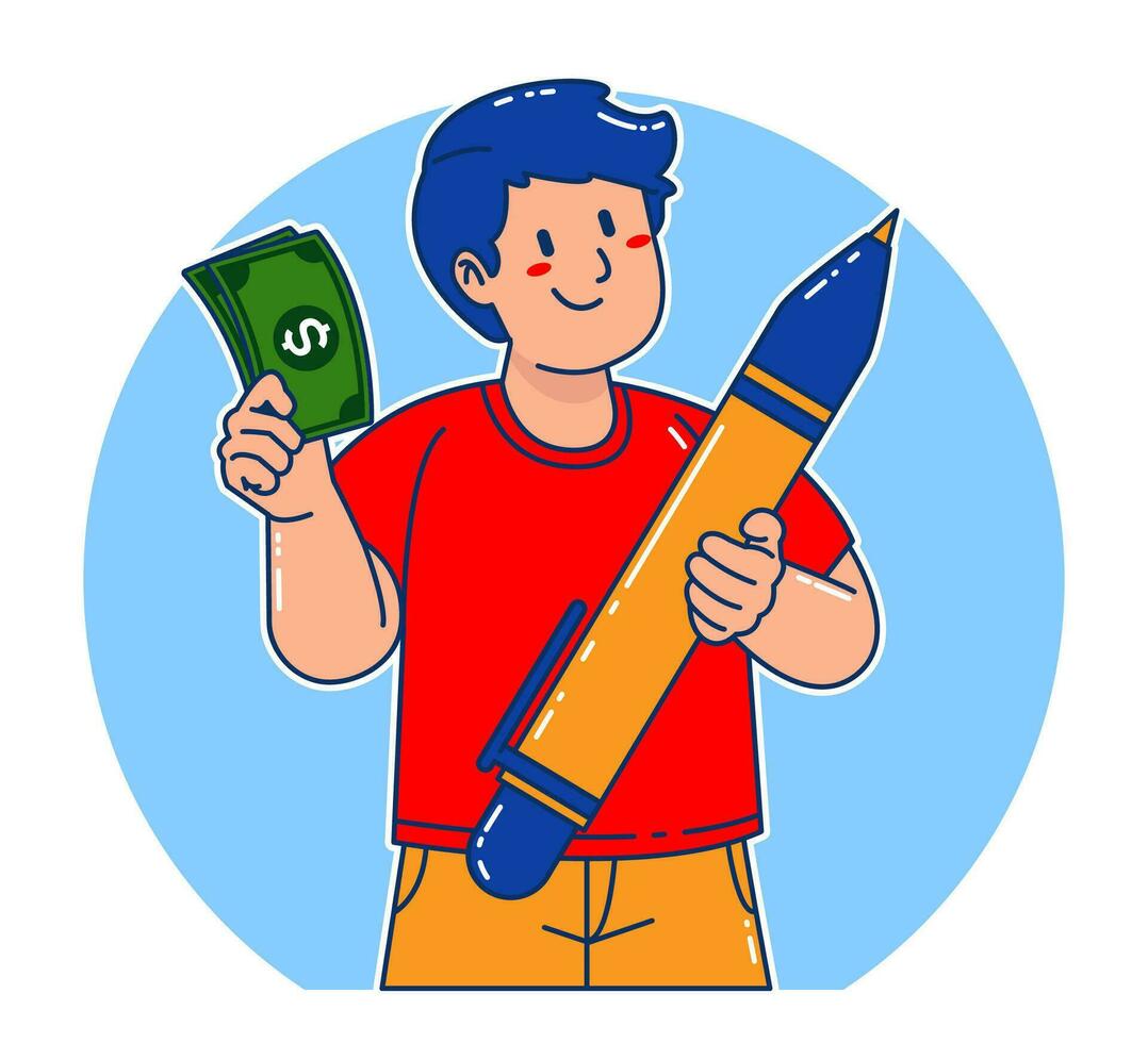 illustration av en man innehav en stor penna och pengar vektor