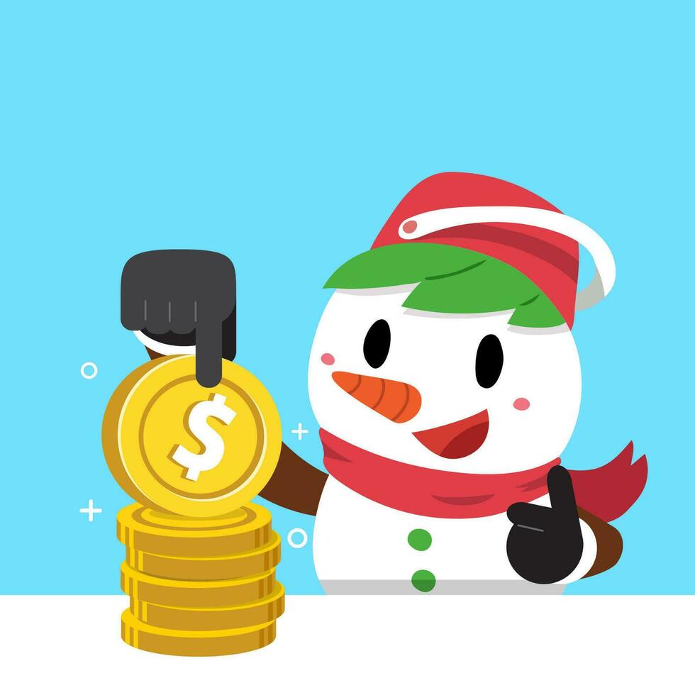 vektor tecknad serie jul snögubbe med pengar mynt stack