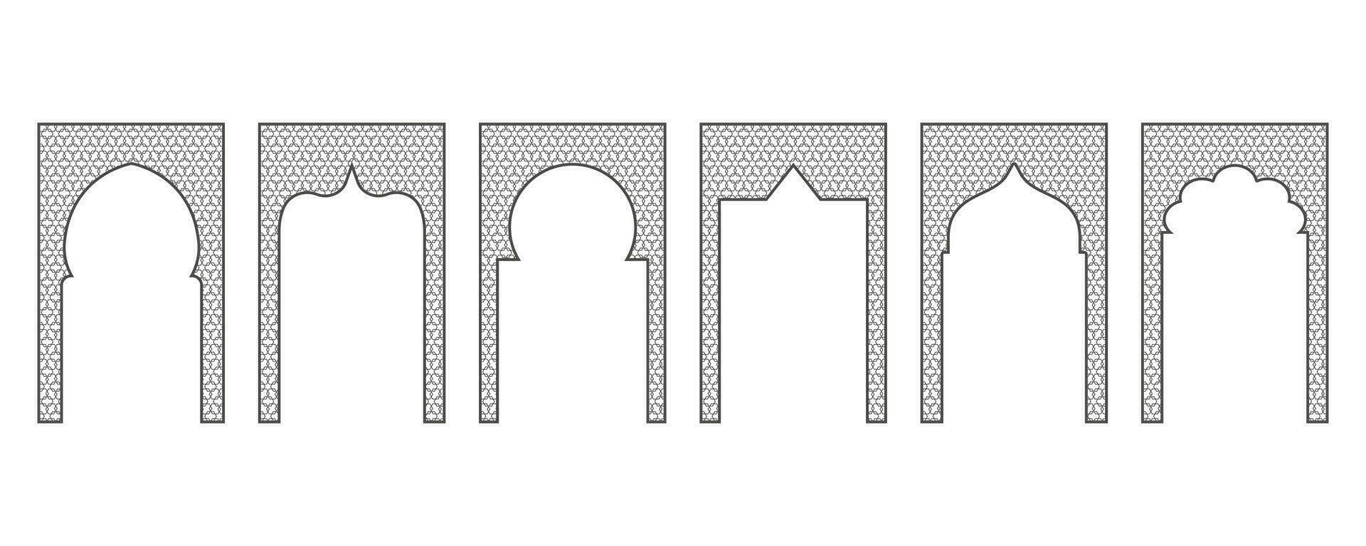 islamic ram med båge och prydnad. ramadan Port på geometrisk bakgrund för bröllop inbjudan design. vektor orientalisk dekorationer uppsättning.