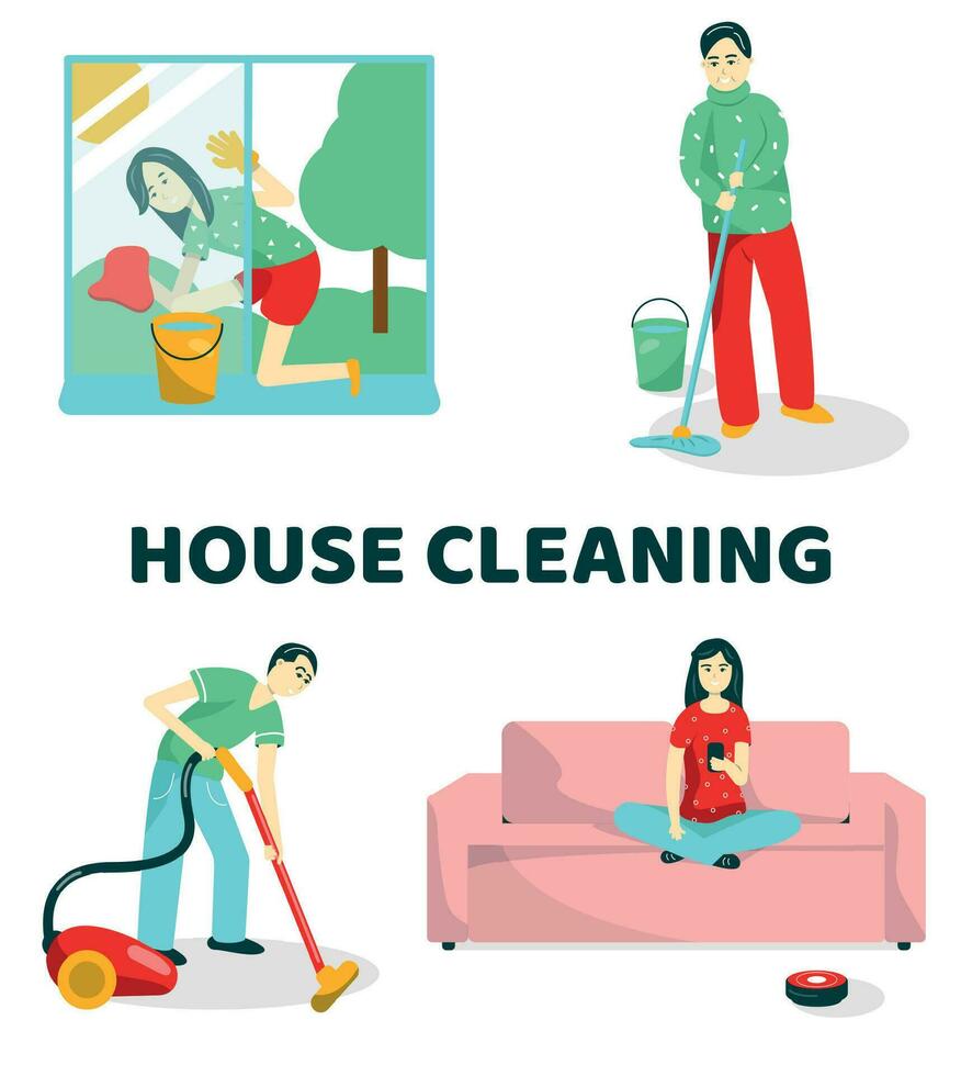 Haus Reinigung, eben Vektor Menschen