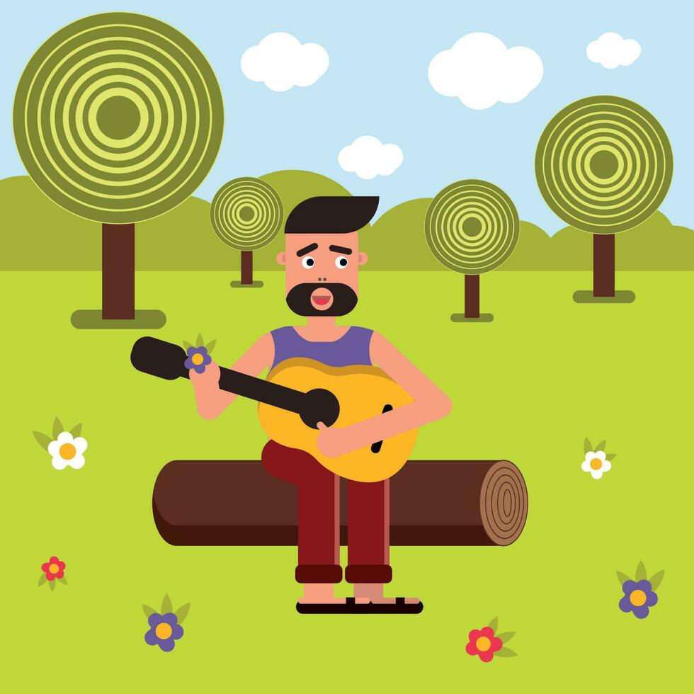 Mann Theaterstücke Gitarre, Vektor eben Illustration