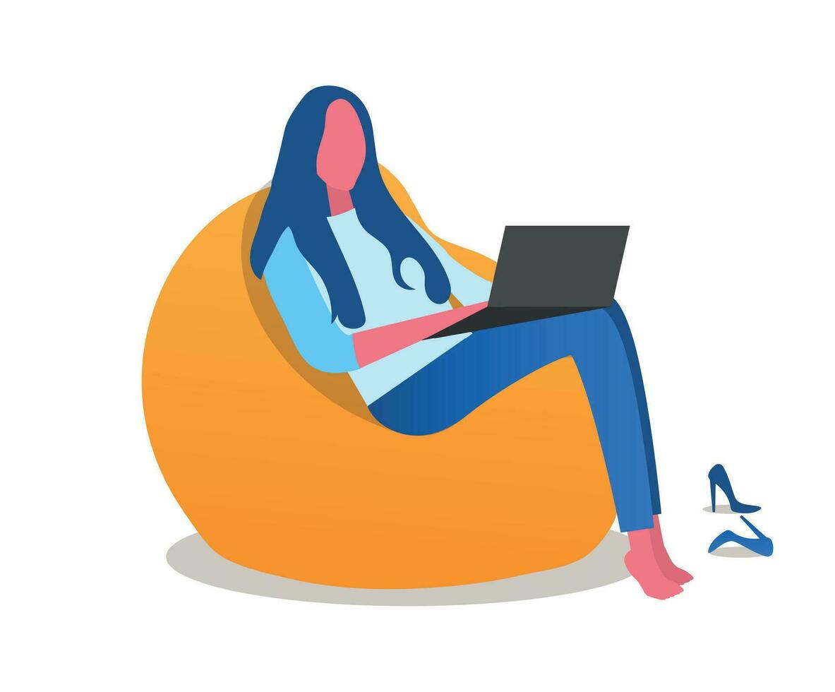 Frau funktioniert im das gemütlich Stuhl mit Laptop, Vektor Illustration