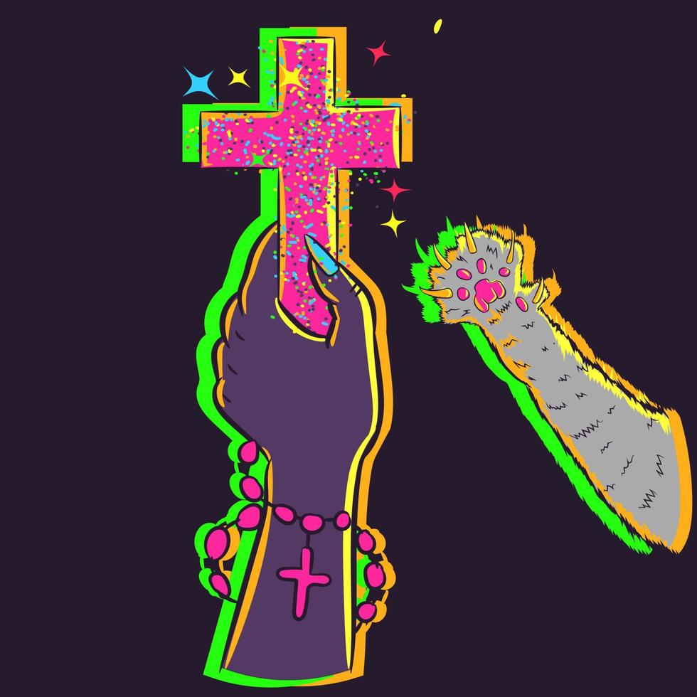 konzeptionelle Neonillustration der Hand einer Frau, die ein Kruzifix und einen Rosario hält. Katzenpfote, die versucht, das Kreuz des Besitzers zu erreichen. vektor