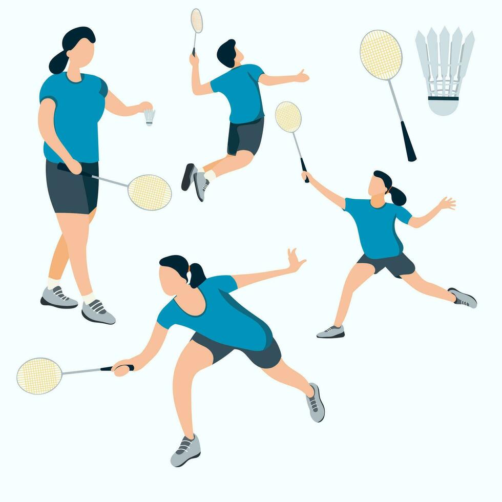 badminton spelare vektor illustration uppsättning. illustration för hemsida, landning sida, mobil app, affisch och baner. trendig platt vektor illustration