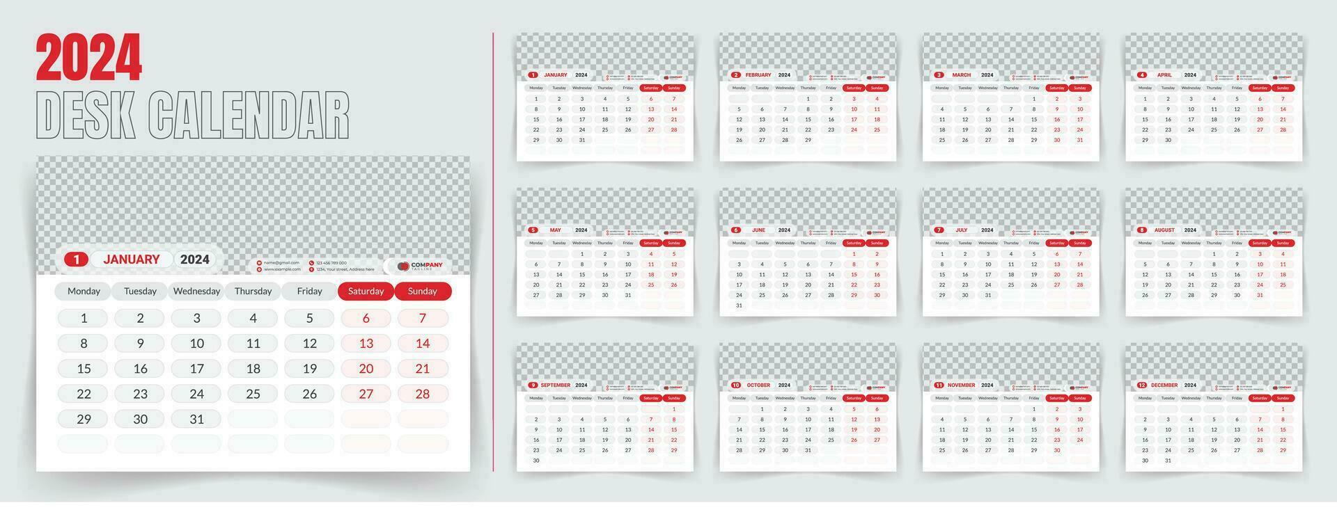 skrivbord kalender 2024 mall design, en gång i månaden kalender, tabell kalender, kontor kalender 2024. med redigerbar element. vektor