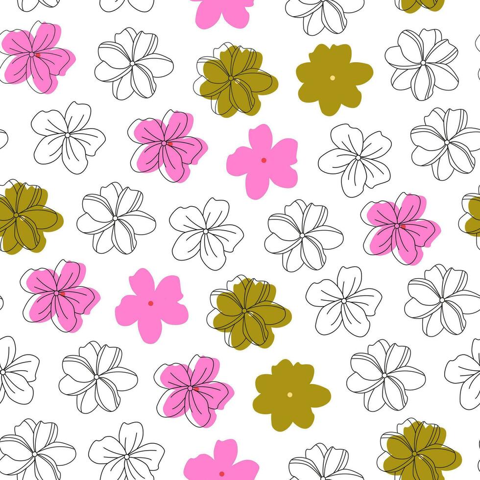 abstrakt minimalistisch Blumen- nahtlos Muster. Linie Kunst botanisch Blumen. Blume Leistung. Sommer- und Frühling blühen. Kritzeleien. Färbung Buch. Hintergrund, Verpackung Papier, Digital Papier. vektor