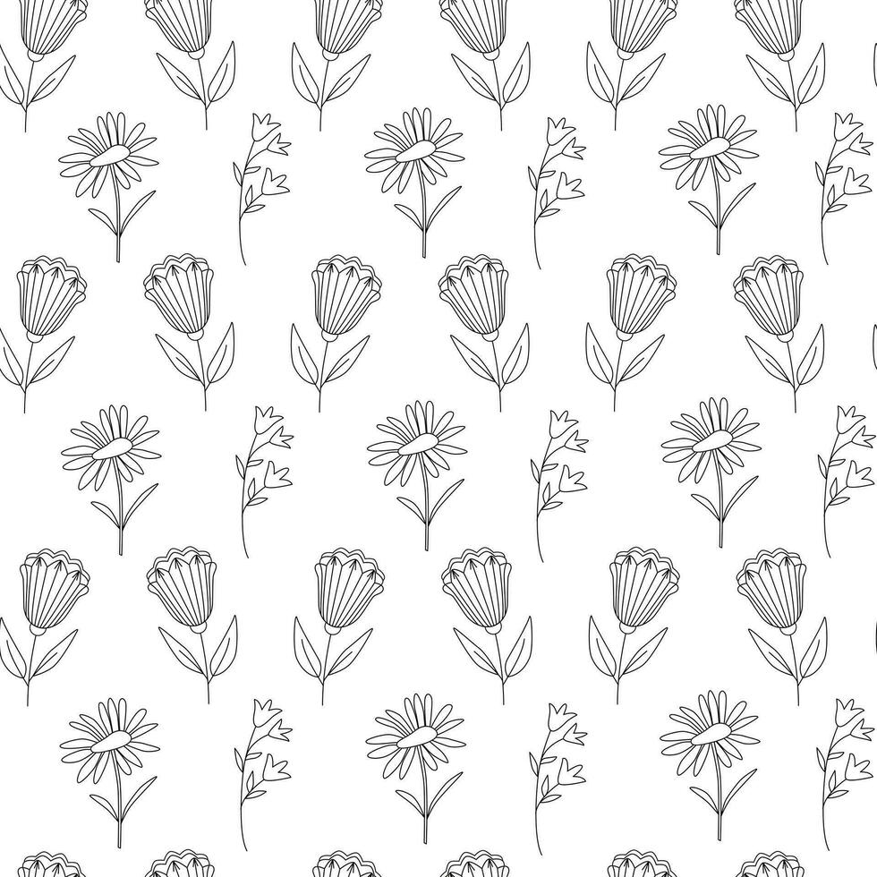 översikt blommig sömlös mönster. linje konst botanisk blommor med stjälkar. sommar och vår trädgård. doodles. färg bok. bakgrund, omslag papper, digital papper. vektor