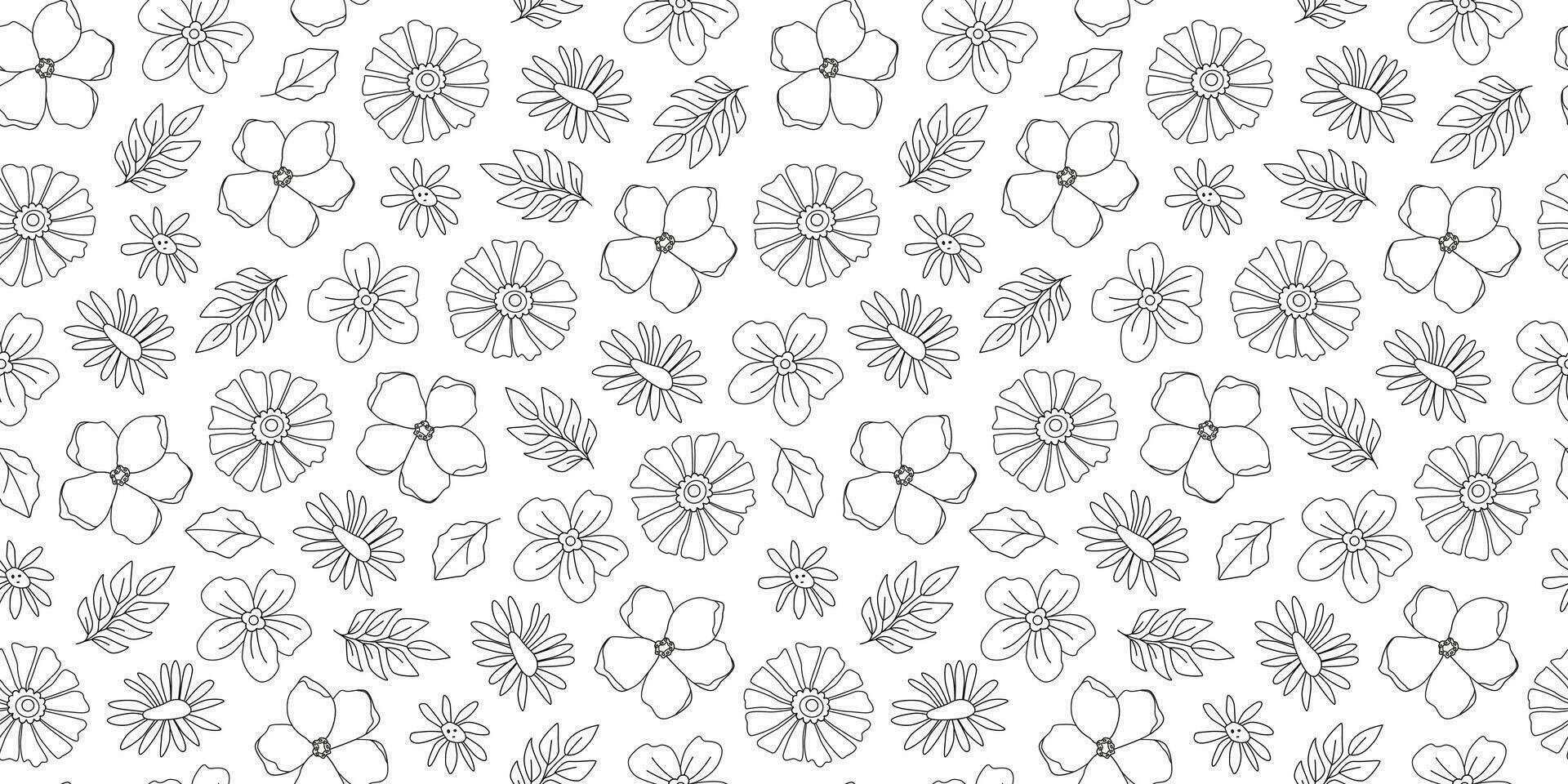 linjär häftig blommig och ört- sömlös mönster. linje konst botanisk blommor. sommar och vår trädgård. doodles. färg bok. bakgrund, omslag papper, digital papper. vektor