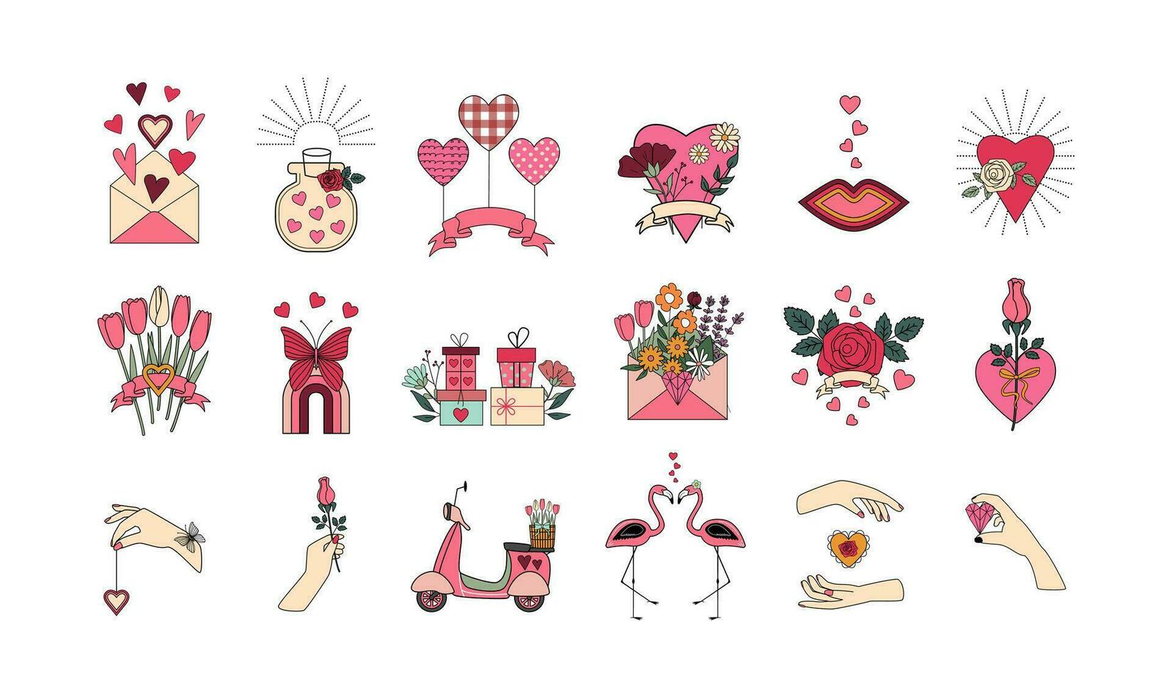 retro årgång hjärtans dag ClipArt. romantisk symboler. häftig hjärtan, blommor, kärlek post, gåvor, händer, flamingo, skoter, regnbåge, fjäril. vektor