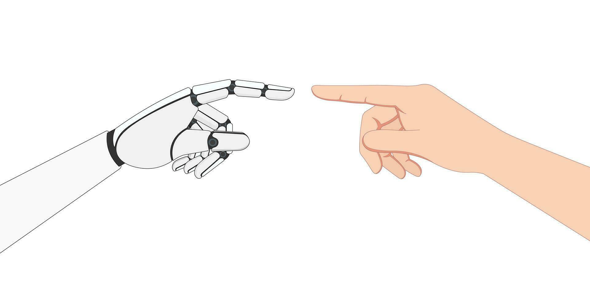 begrepp av artificiell intelligens teknologi samarbete med en affärsman, robot index finger rörande mänsklig index finger, ai robot och en mänsklig hand, person använder sig av ai teknik, vektor illustration.