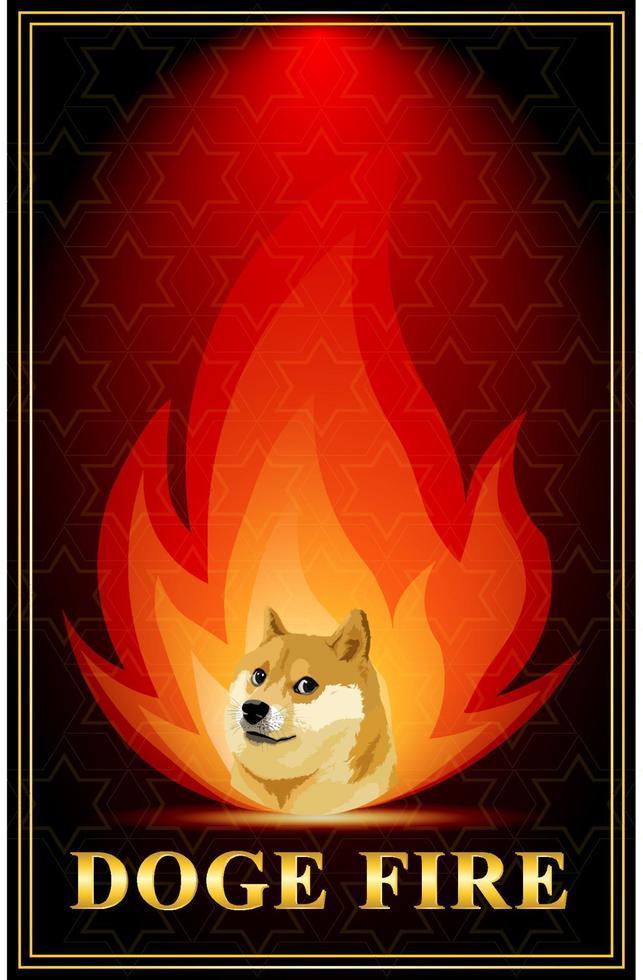 dogecoin -affisch med eld, dogot -mynt tarotkort för din halloween -dag vektor