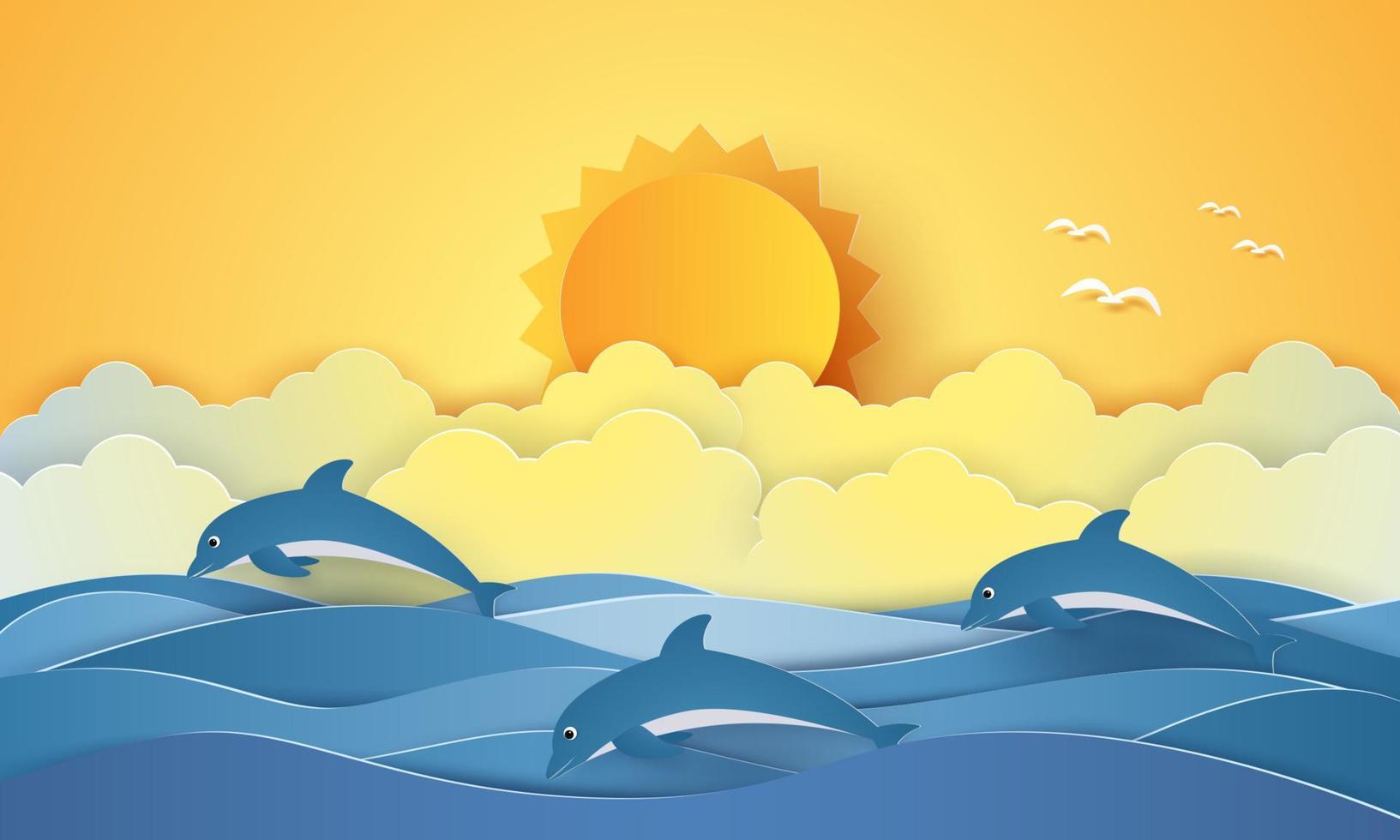 sommartid, hav med delfiner och sol, papper konststil vektor
