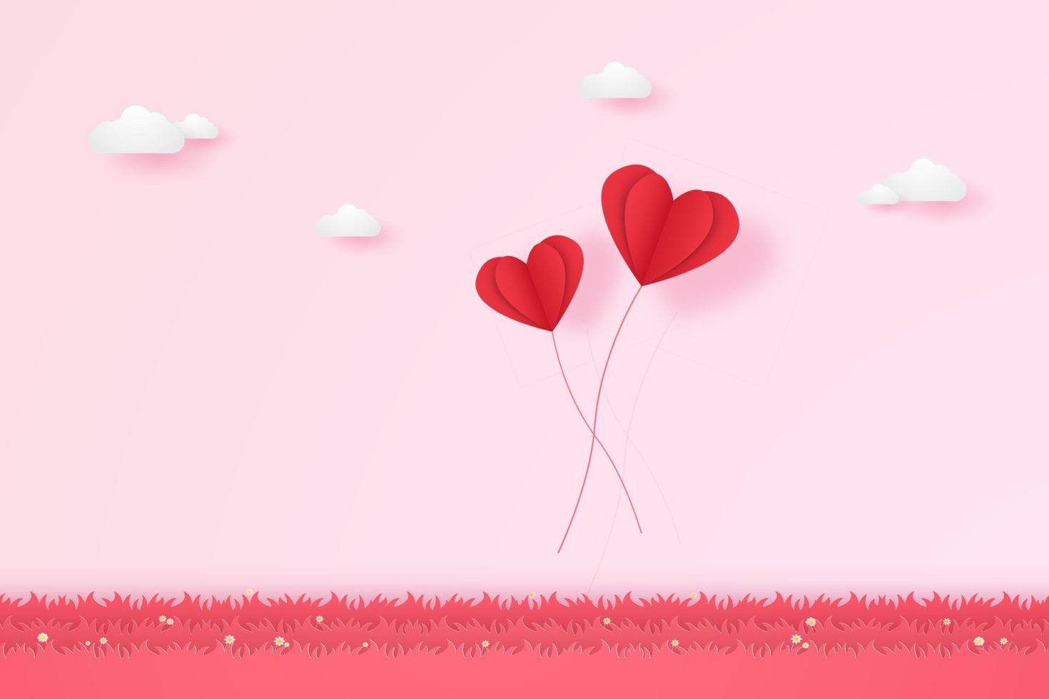 Valentinstag, Illustration der Liebe, rote Herzballons, die auf Gras fliegen, Papierkunststil vektor