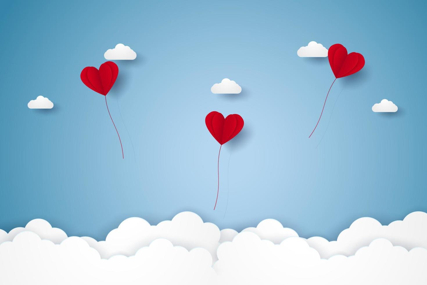alla hjärtans dag, illustration av kärlek, röda hjärtballonger som flyger på himlen, papper konststil vektor