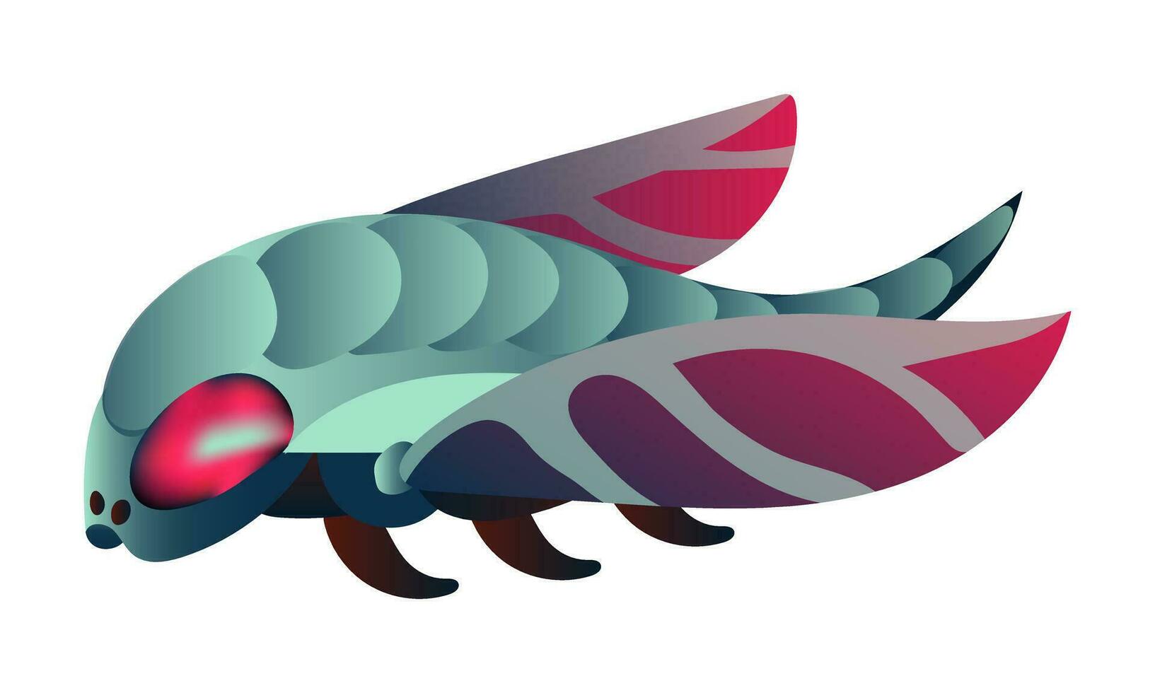 en Plats insekt i de form av en flyga. en mekanisk insekt i blå och rosa färger är isolerat på en vit bakgrund. vektor lutning illustration av ett utomjording insekt