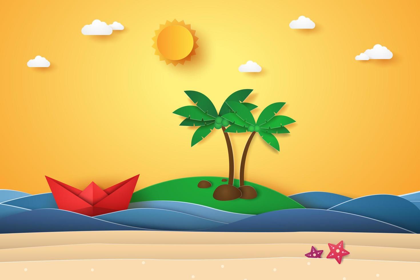 havslandskap med kokospalmer på stranden och ön, papper konststil vektor