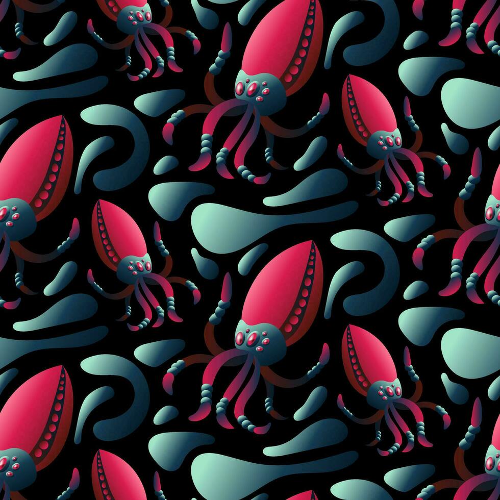 en mönster med Plats insekter i de form av en bläckfisk med tentakler. mekanisk djur av blå och rosa färger flyga i Plats bland de vatten på svart. vektor lutning illustration av ett utomjording insekt