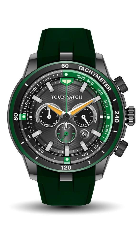 realistisch Uhr Uhr Chronograph Grün schwarz Stahl Leder Gurt dunkel grau Gelb Pfeil auf Weiß Design klassisch Luxus Vektor