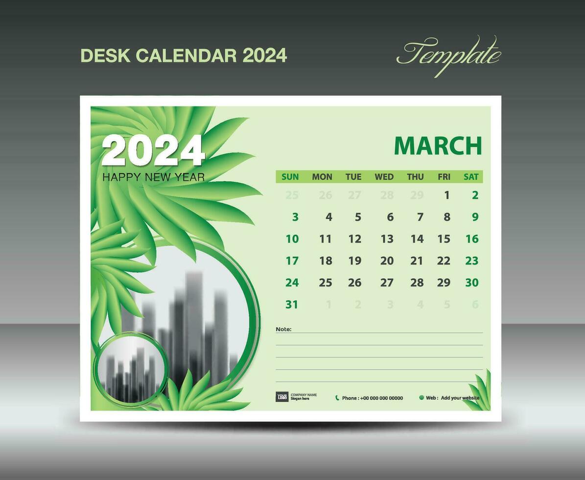 Kalender 2024 Design- März 2024 Vorlage, Schreibtisch Kalender 2024 Vorlage Grün Blumen Natur Konzept, Planer, Mauer Kalender kreativ Idee, Werbung, Drucken Vorlage, Vektor eps10