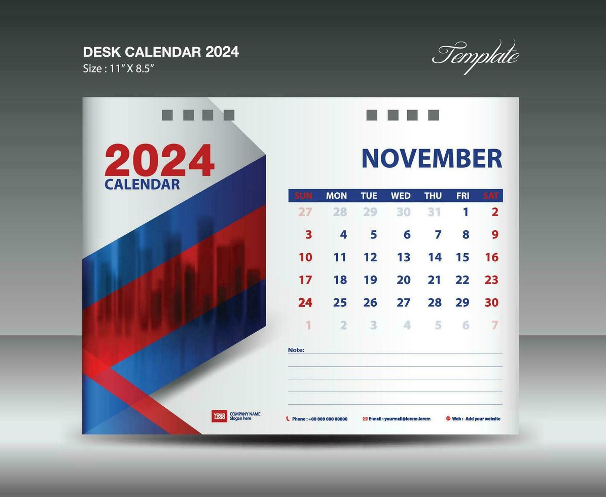 november 2024 mall- skrivbord kalender 2024 år mall, vägg kalender 2024 år, vecka börjar söndag, planerare design, brevpapper design, flygblad design, utskrift media, röd och blå bakgrund vektor