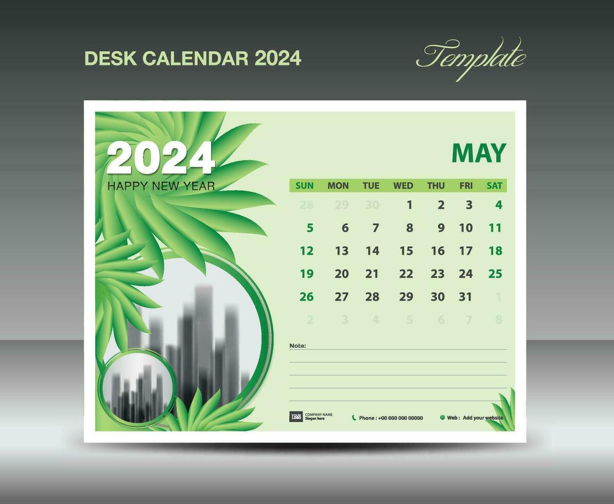 kalender 2024 design- Maj 2024 mall, skrivbord kalender 2024 mall grön blommor natur begrepp, planerare, vägg kalender kreativ aning, annons, utskrift mall, vektor eps10