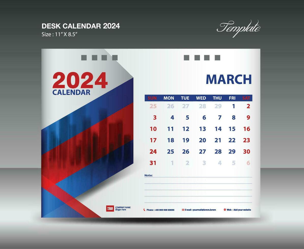 Mars 2024 mall- skrivbord kalender 2024 år mall, vägg kalender 2024 år, vecka börjar söndag, planerare design, brevpapper design, flygblad design, utskrift media, röd och blå bakgrund vektor