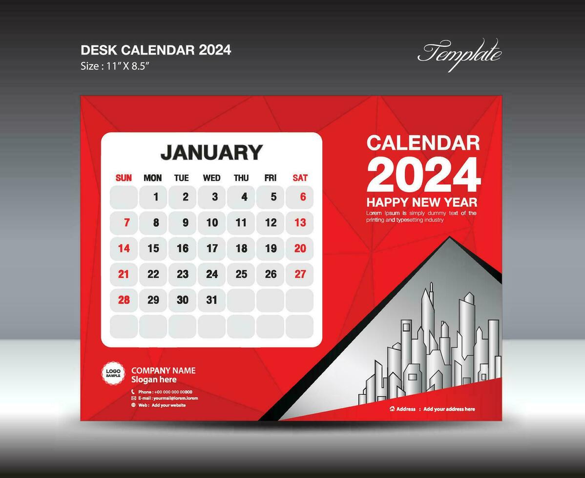 januari 2024 mall- skrivbord kalender 2024 år mall, vägg kalender 2023 år, vecka börjar söndag, planerare design, brevpapper design, flygblad design, utskrift media, röd polygon bakgrund vektor