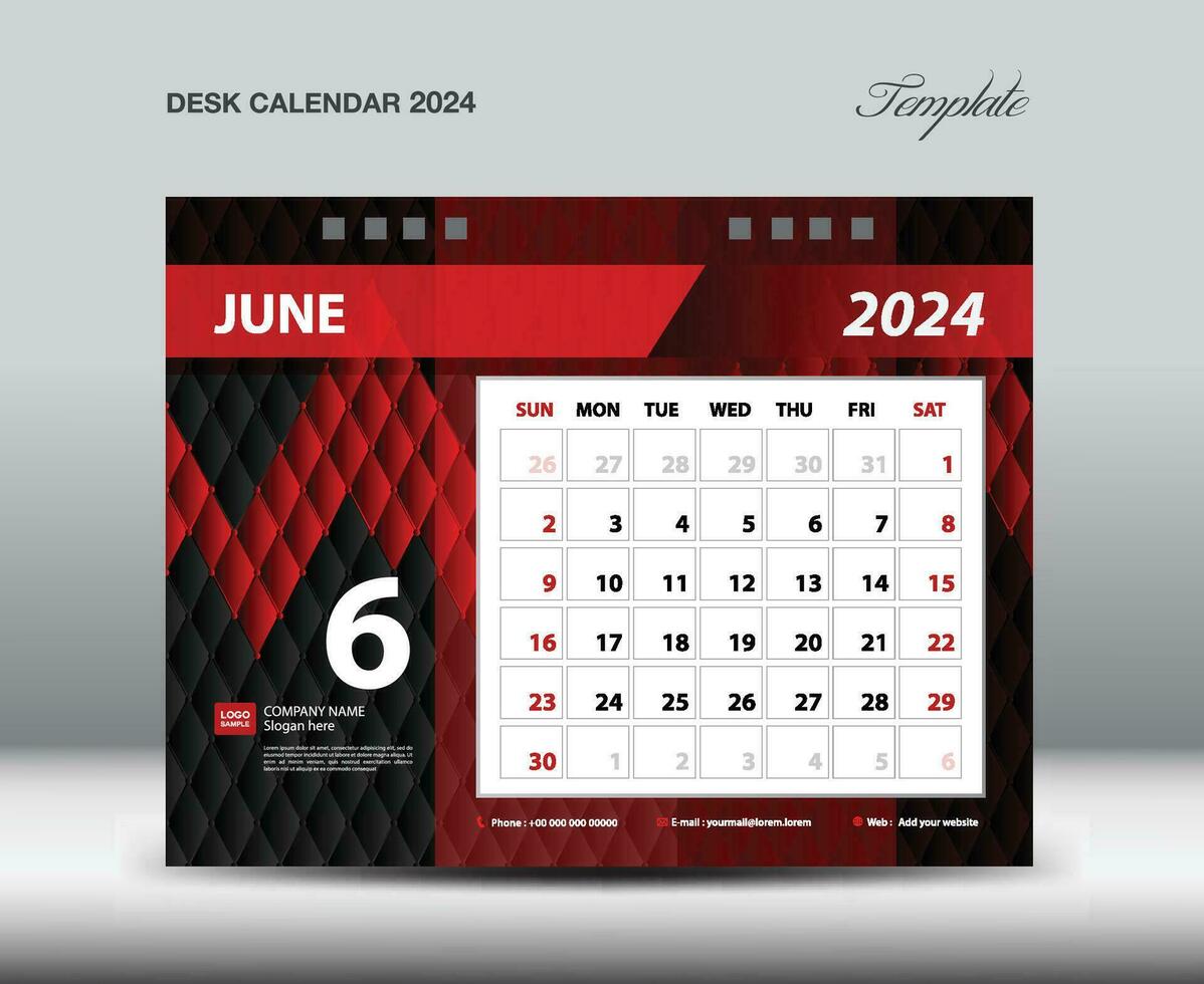 juni 2024 år- skrivbord kalender 2024 mall vektor, vecka börjar söndag, planerare design, brevpapper design, flygblad design, vägg kalender 2024 år design, utskrift media kreativ aning vektor