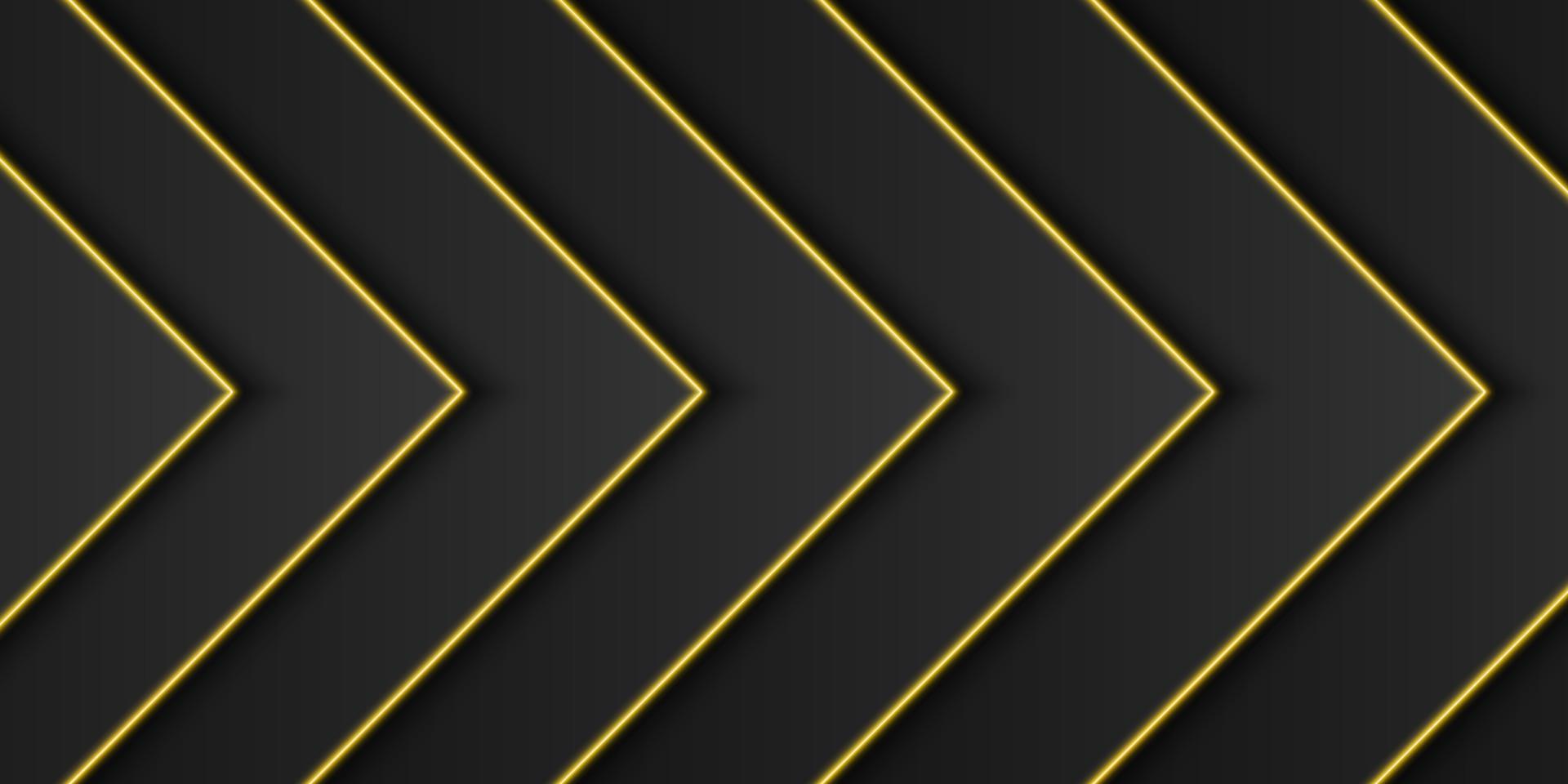 abstrakt guld metallisk, svart ram bakgrund, triangulärt överlappande lager med gul ljus linje, pil eller triangel form, mörk minimal design med kopia utrymme, vektor illustration