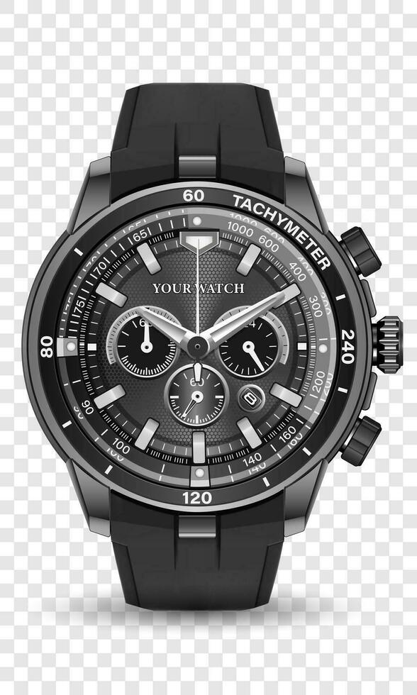 realistisch Uhr Uhr Chronograph schwarz Stahl Leder Gurt dunkel grau Weiß auf kariert Design klassisch Luxus Vektor