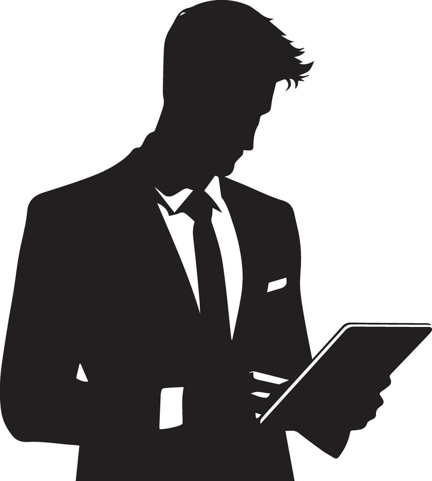 ein Mann im ein passen ist halten ein Tablette Vektor Silhouette Illustration schwarz Farbe, isoliert Weiß Hintergrund 2