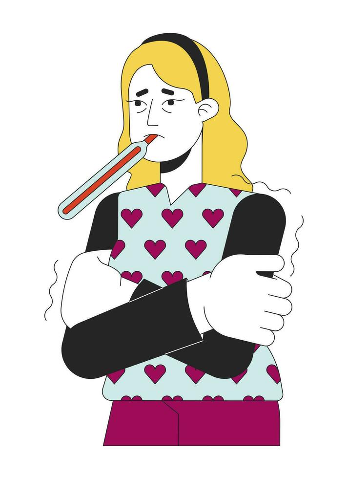 lidande febrig caucasian kvinna med termometer 2d linjär tecknad serie karaktär vektor