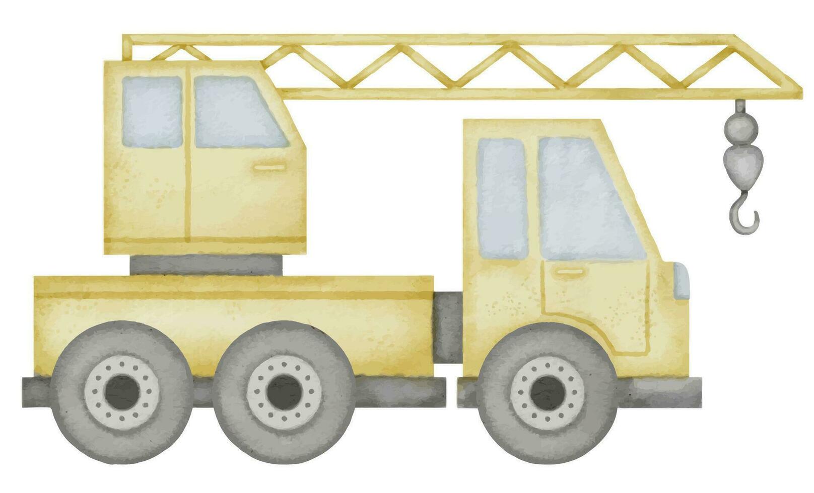 lastbil kran vattenfärg illustration. hand dragen klämma konst av bebis leksak gul autokrana på isolerat bakgrund. teckning av bil mobil lyft. skiss av en fordon för konstruktion vektor