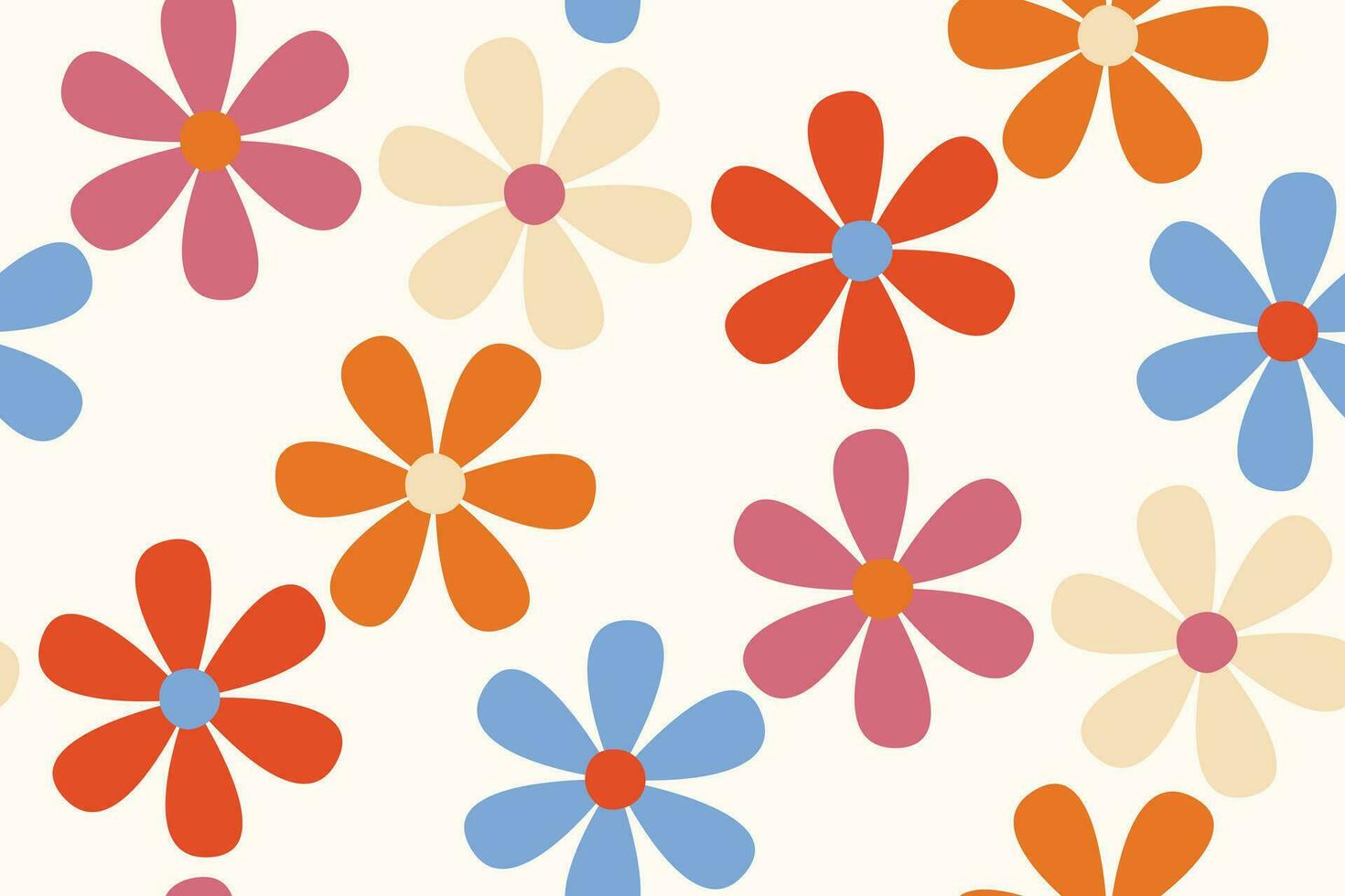 Blumen- nahtlos Muster im das Stil von das 70er Jahre mit groovig Gänseblümchen Blumen. retro Blumen- naiv Vektor Design. Stil von das 60er, 70er, 80er Jahre