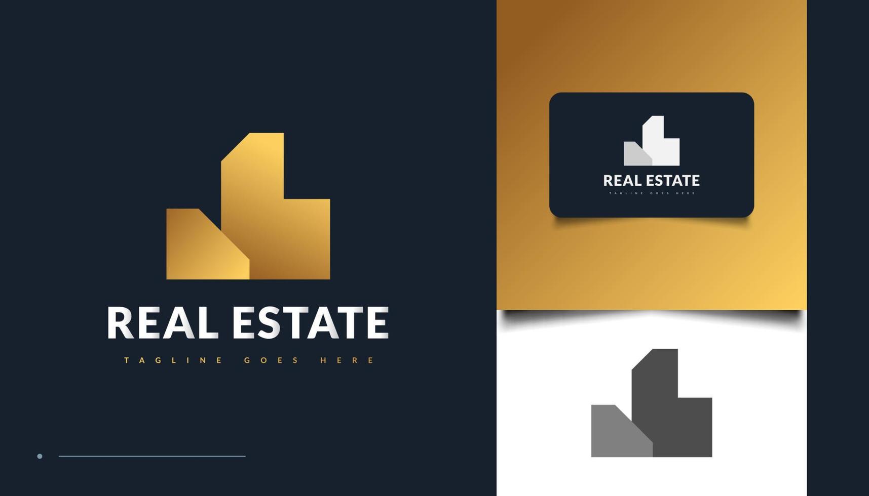 abstraktes und minimalistisches Gold-Immobilien-Logo-Design. Bau-, Architektur- oder Gebäudelogo-Design vektor