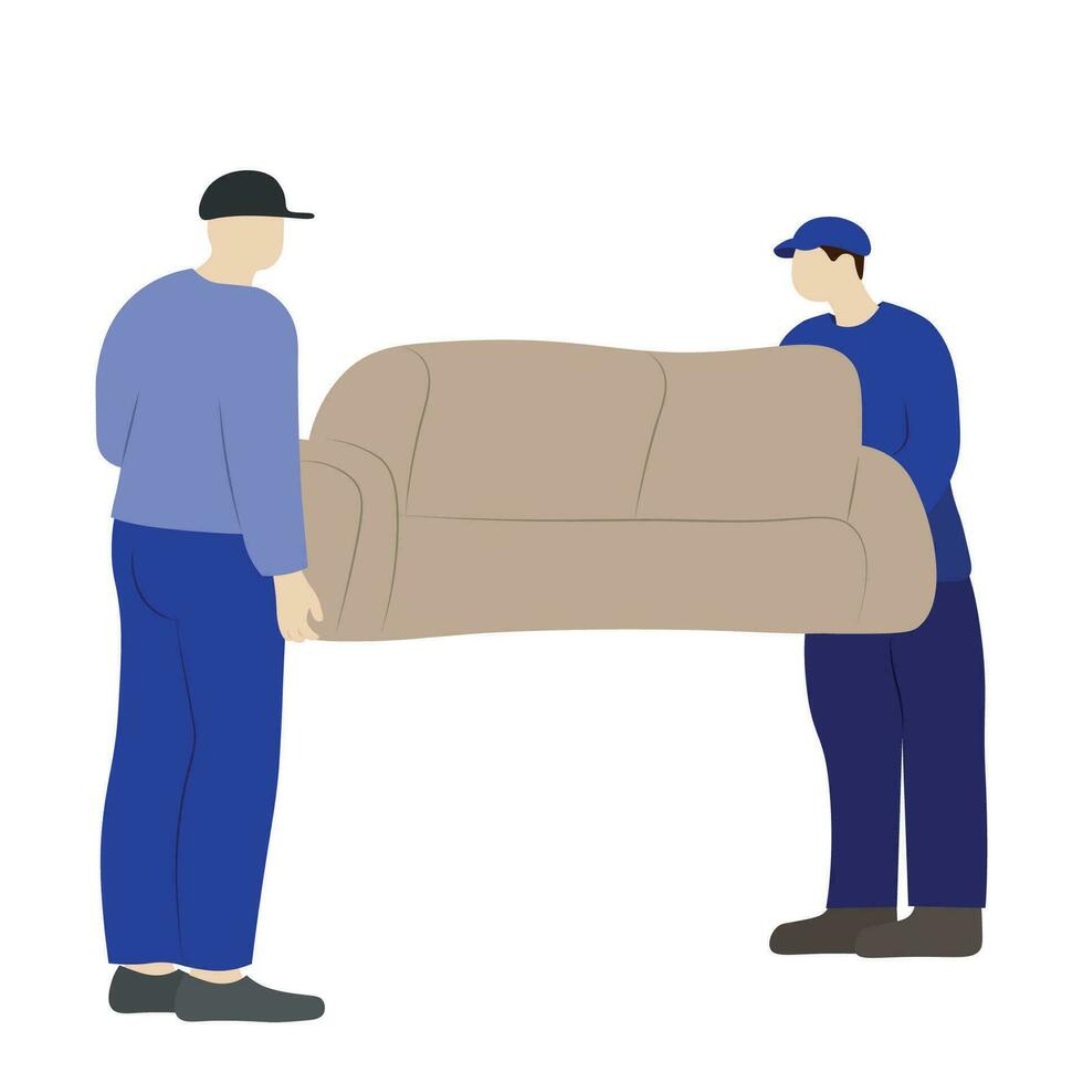 två grabbar rör på sig en soffa, isolerat på vit, platt vektor, ansiktslös illustration, rör på sig vektor